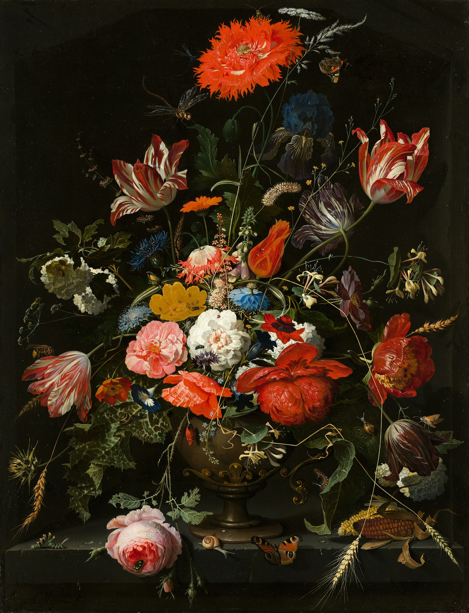 Baroque still life of tulips, poppies and roses in a bronze vase against black